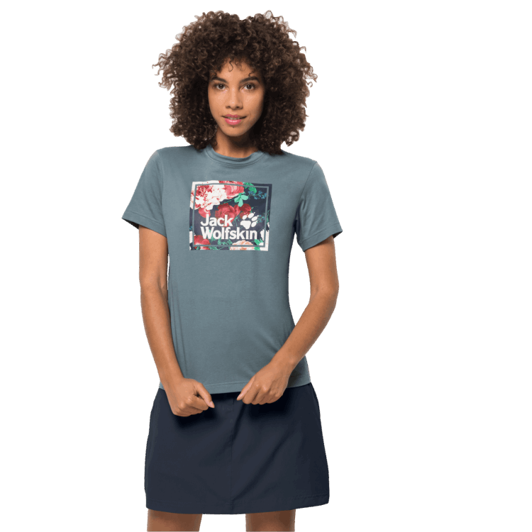 Teal Grey Brand Jack Wolfskin Collections Women's Flower Logo T