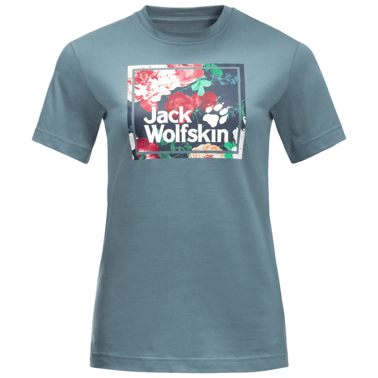 Teal Grey Brand Jack Wolfskin Collections Women's Flower Logo T