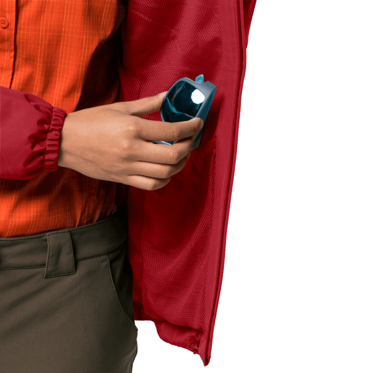 Women's Stormy Point Jacket Bright Scarlet Origins Brand Jack Wolfskin