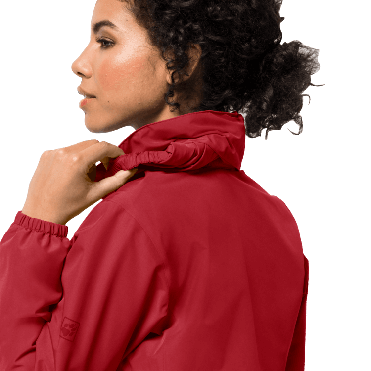 Women's Stormy Point Jacket Bright Scarlet Origins Brand Jack Wolfskin