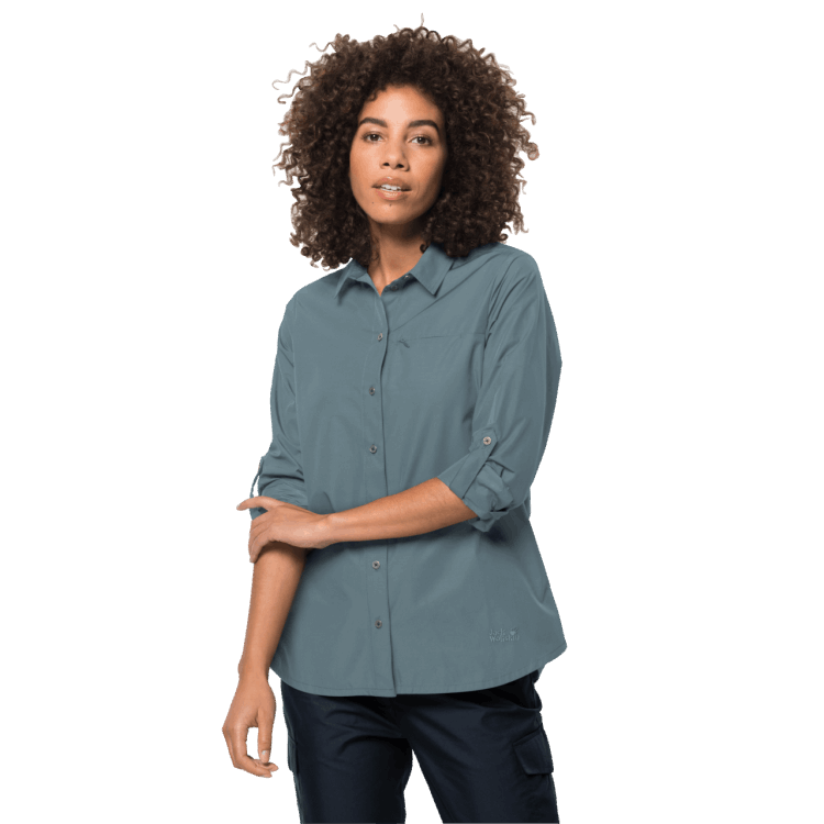 Women's Lakeside Roll-Up Shirt Best Brand Jack Wolfskin Teal Grey
