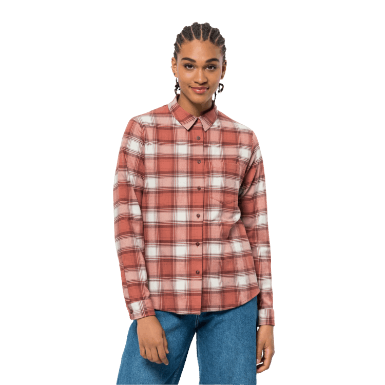 Autumn Red Checks Fashion Brand Jack Wolfskin Women's Wanderweg Shirt