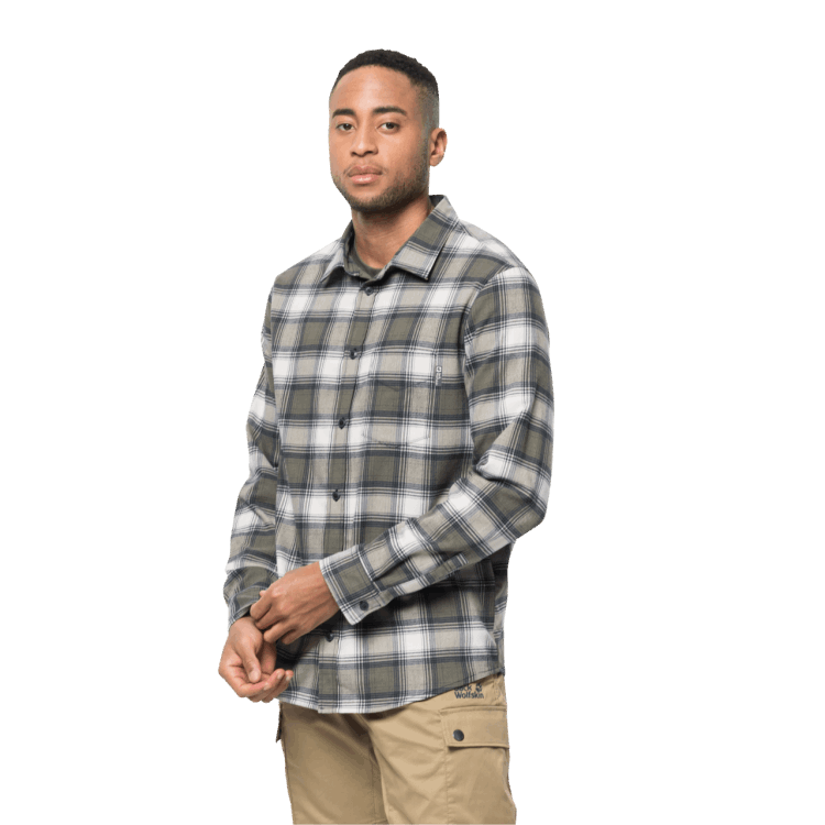 Best Brand Jack Wolfskin Dusty Olive Checks Men's Wanderweg Shirt