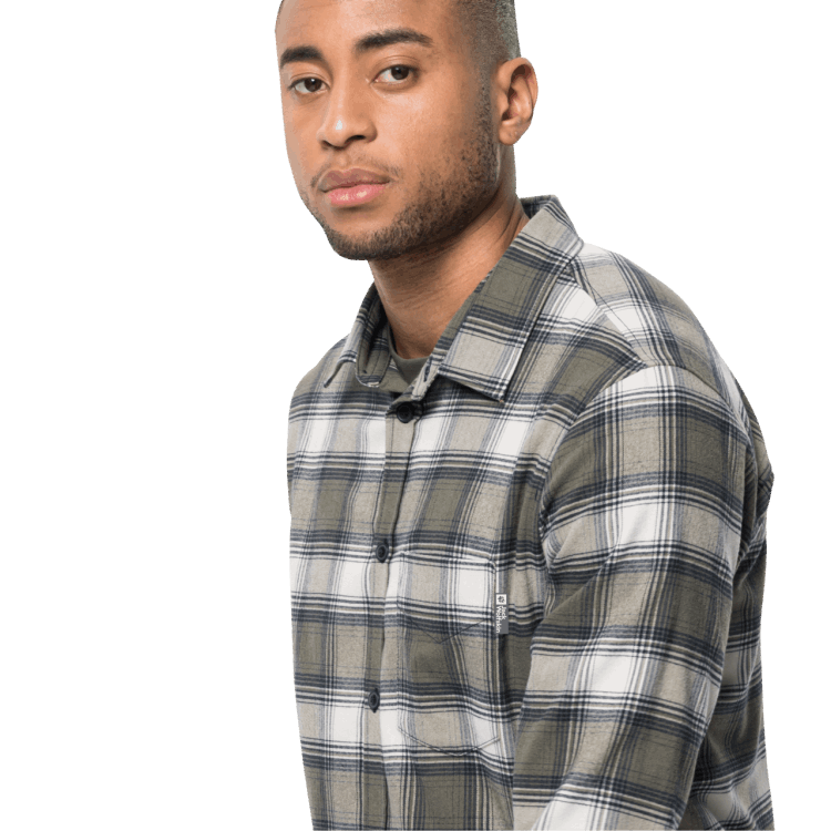 Best Brand Jack Wolfskin Dusty Olive Checks Men's Wanderweg Shirt
