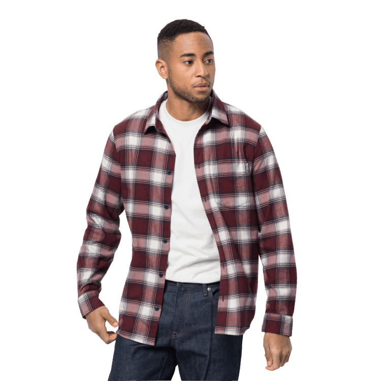 Fashion Cordovan Red Checks Brand Jack Wolfskin Men's Wanderweg Shirt