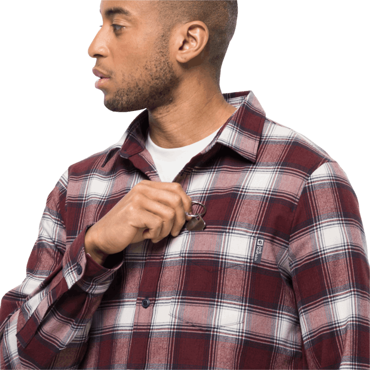 Fashion Cordovan Red Checks Brand Jack Wolfskin Men's Wanderweg Shirt